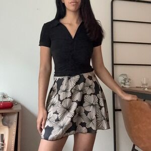 XOXO Collection Black Ruched Collared Short Sleeve Dress Floral Skirt Size S